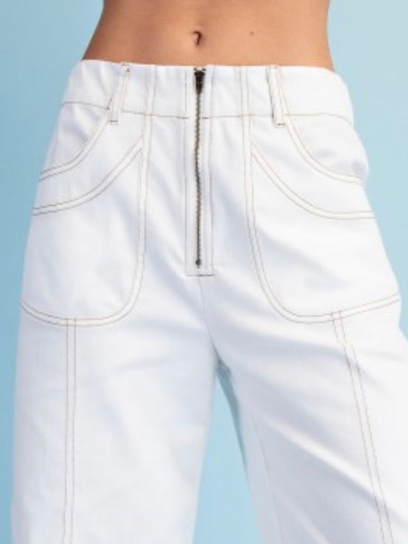 Seams details solid colors zipper front wide leg pants