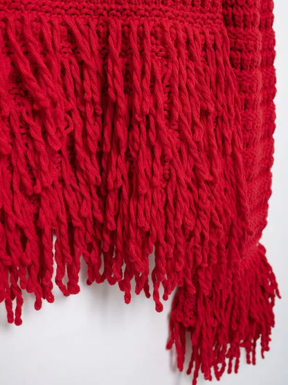 Red embroidered fringes edge sweater