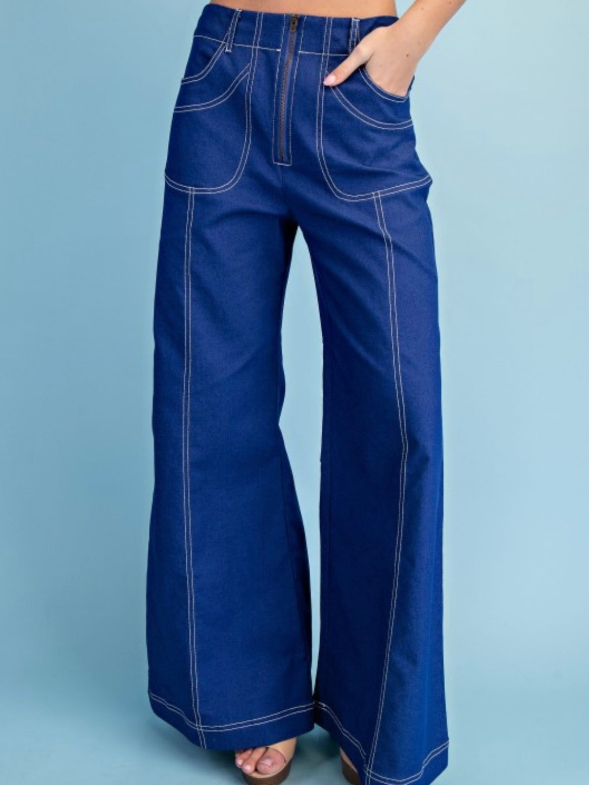 Seams details solid colors zipper front wide leg pants