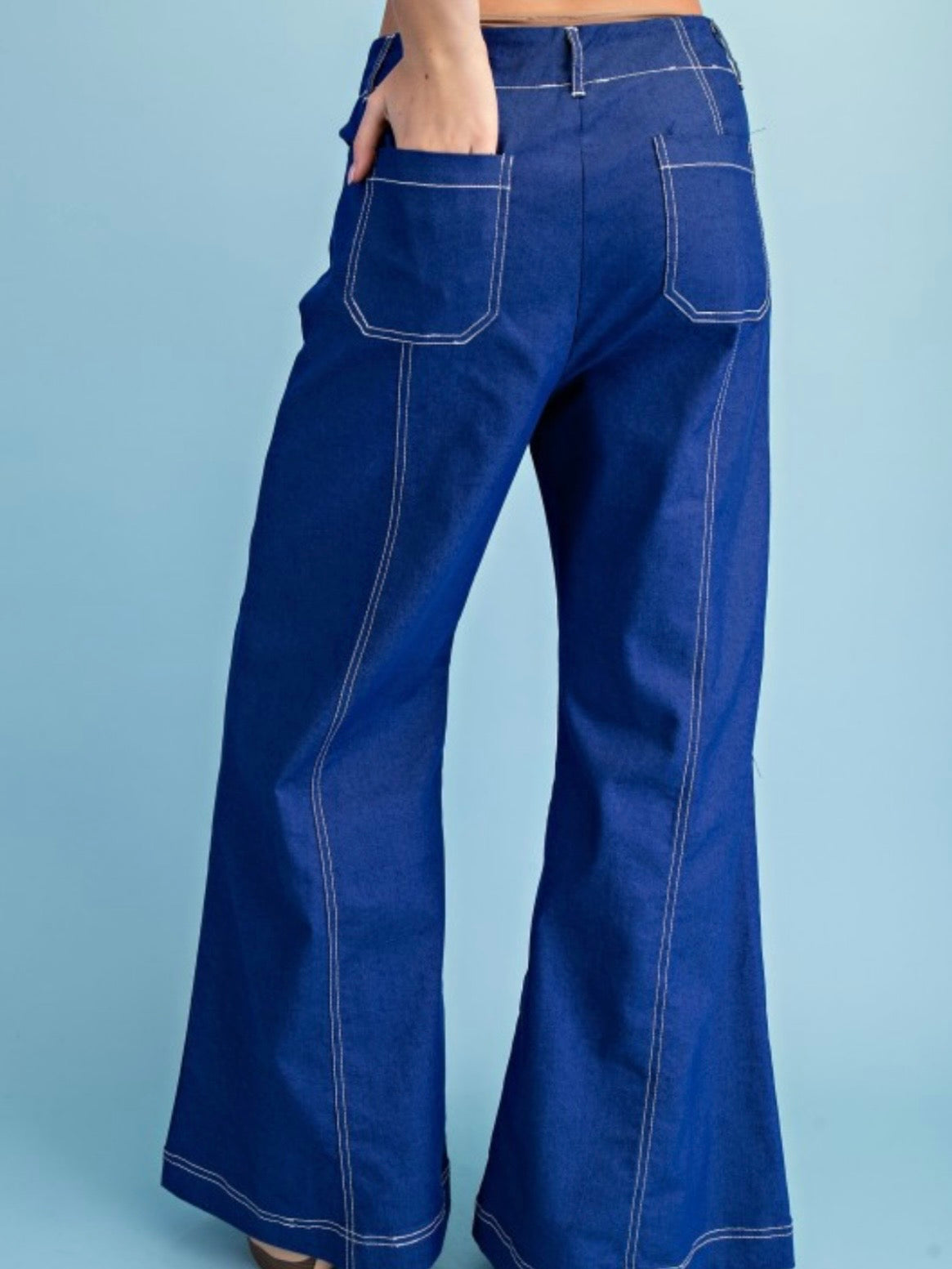 Seams details solid colors zipper front wide leg pants
