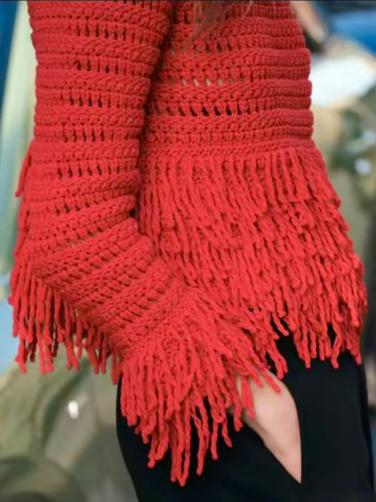 Red embroidered fringes edge sweater