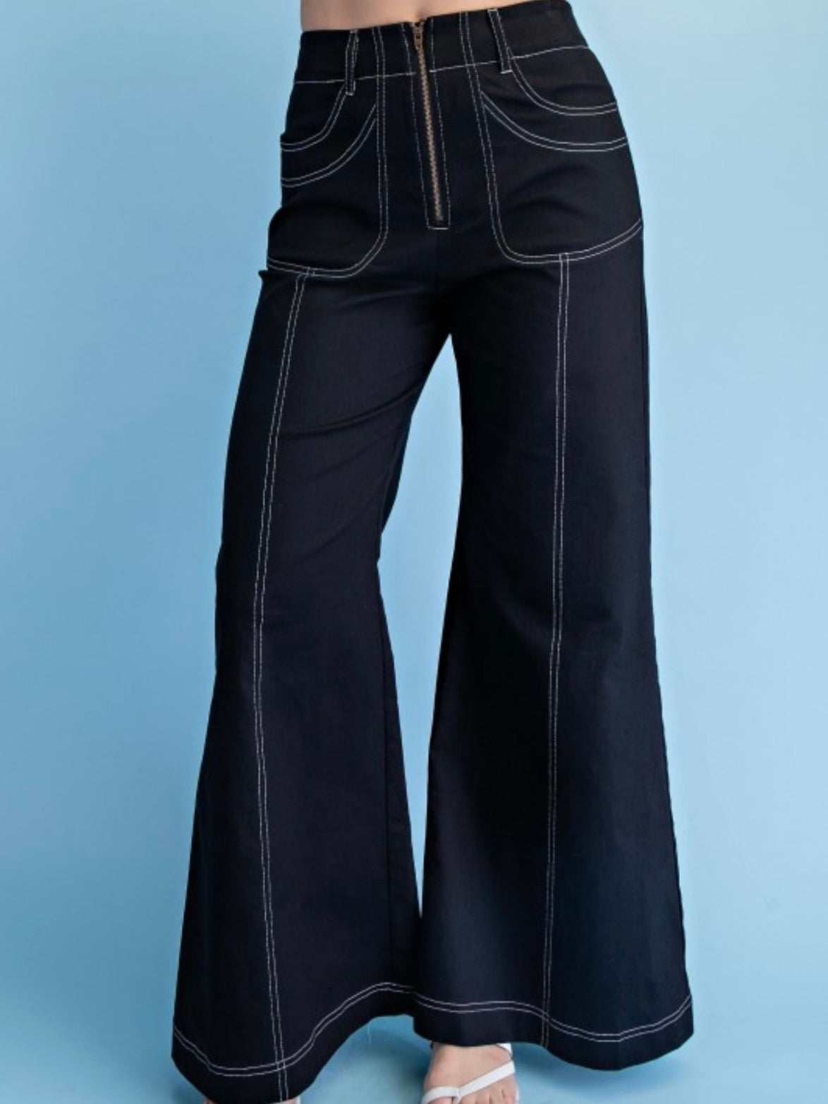 Seams details solid colors zipper front wide leg pants