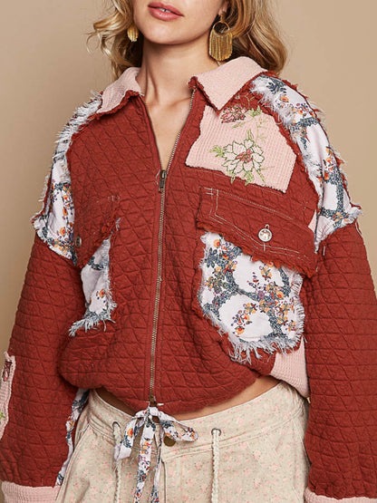 Burgundy floral mix fabrics jacket