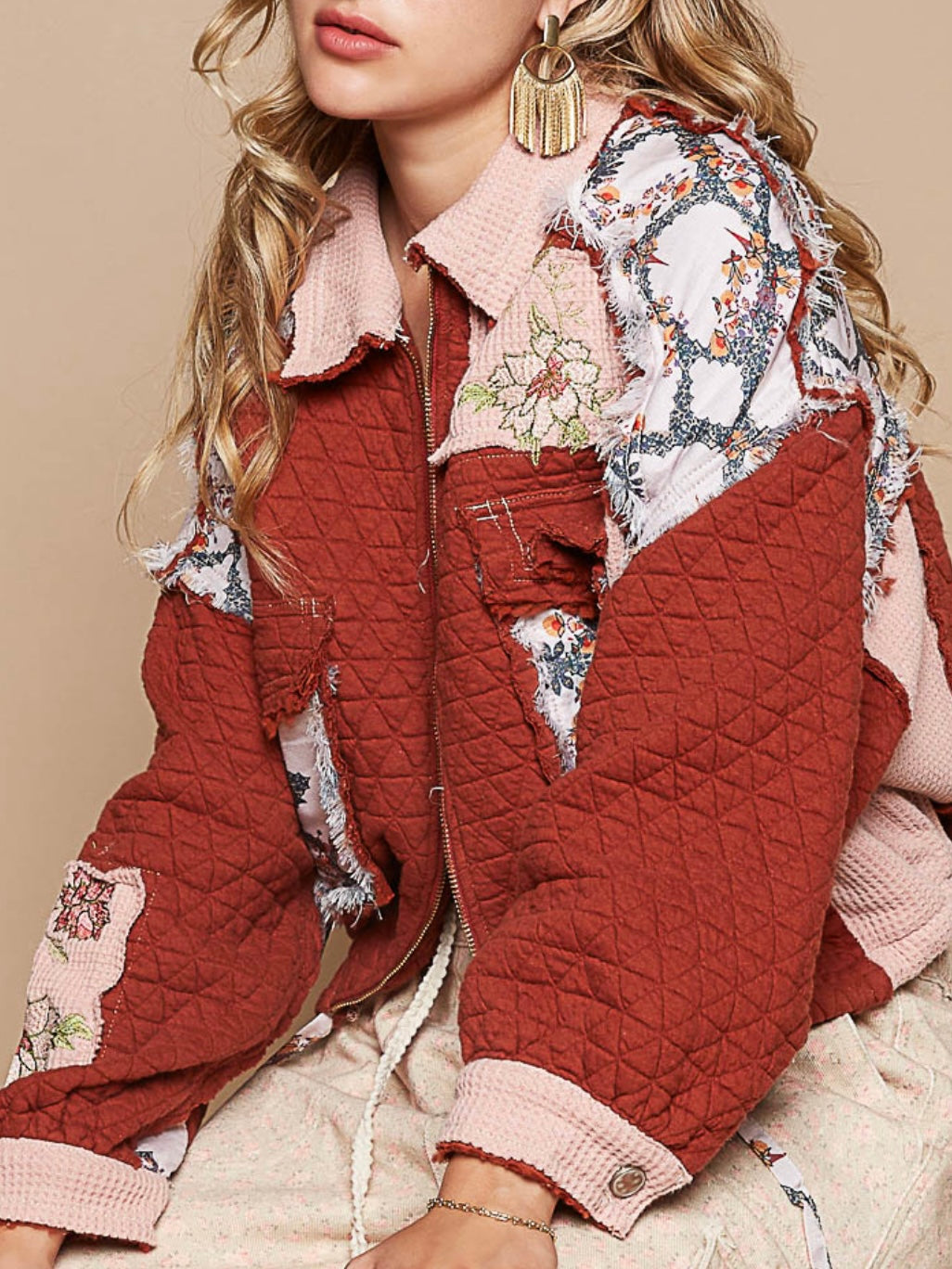 Burgundy floral mix fabrics jacket