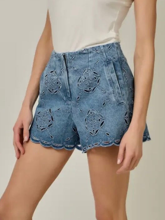 Denim blue - white cutout short pants