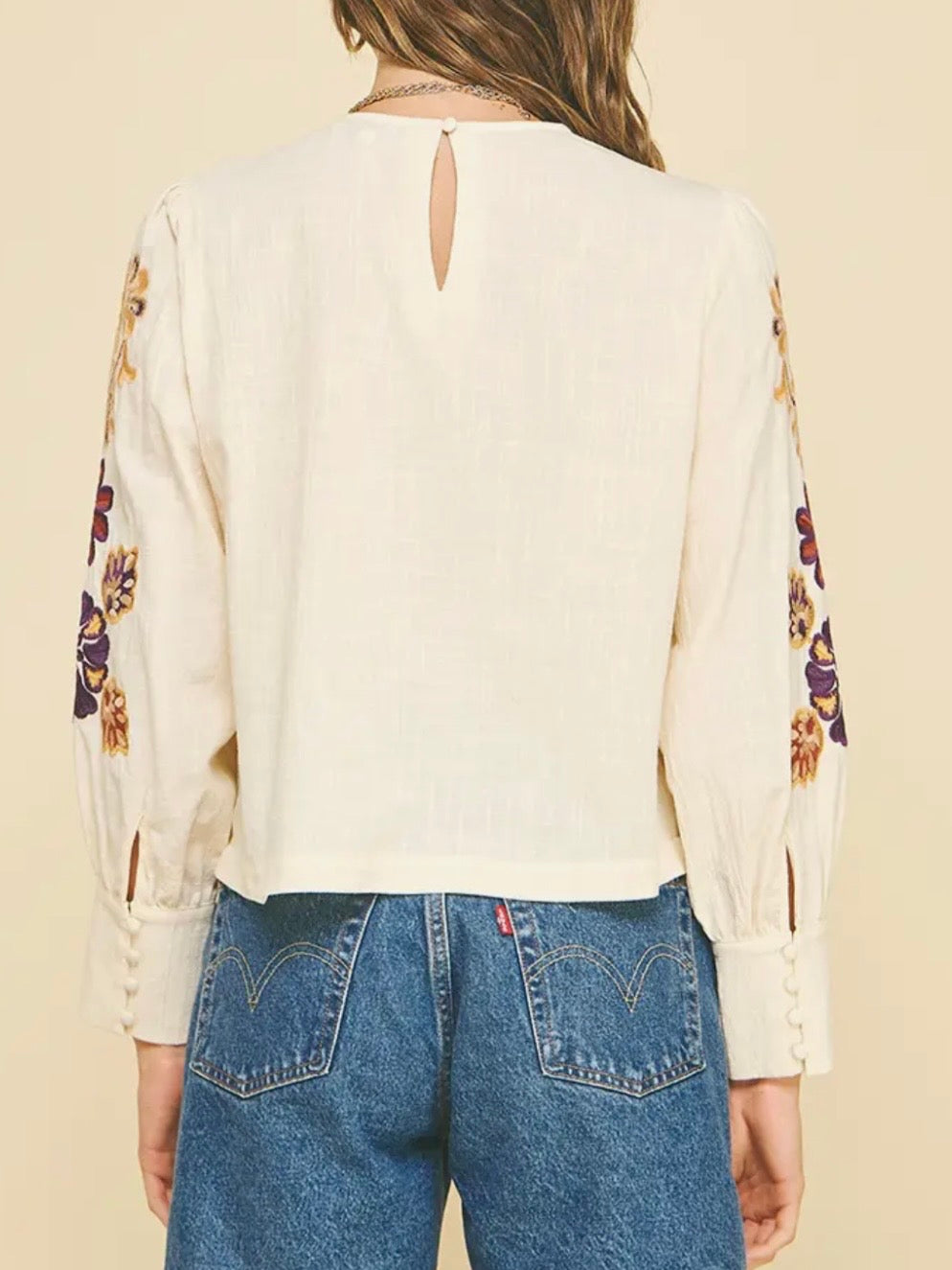 Beige embroidered floral bomber long sleeves shirt
