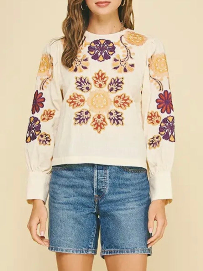Beige embroidered floral bomber long sleeves shirt