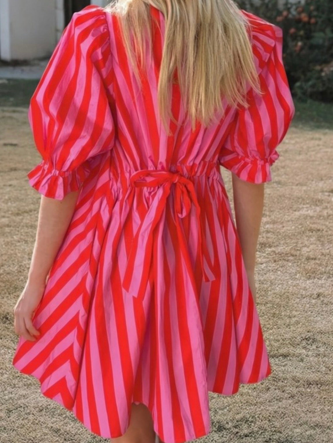 Red and pink striped mini dress