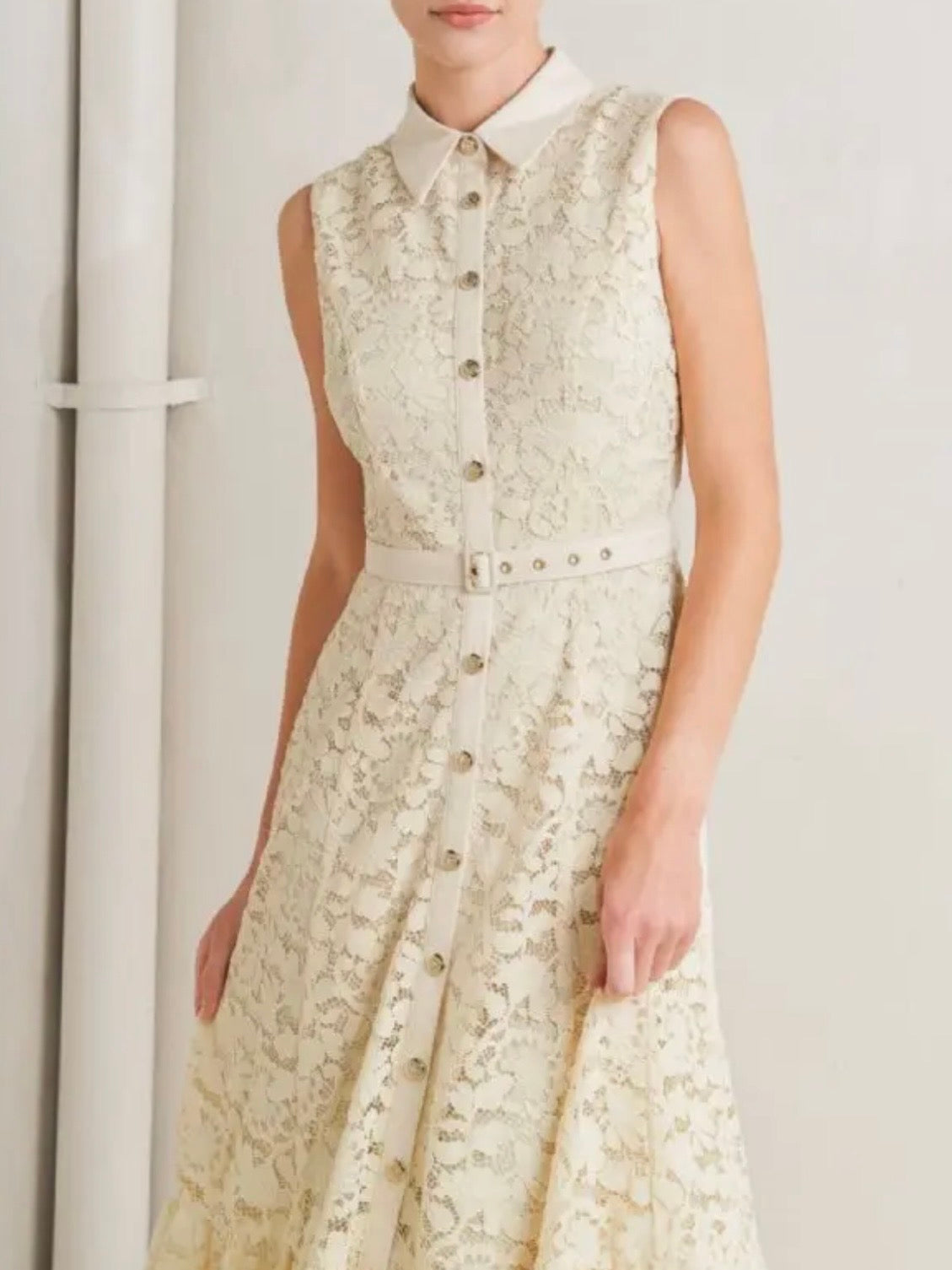 Beige buttons down lace maxi dress