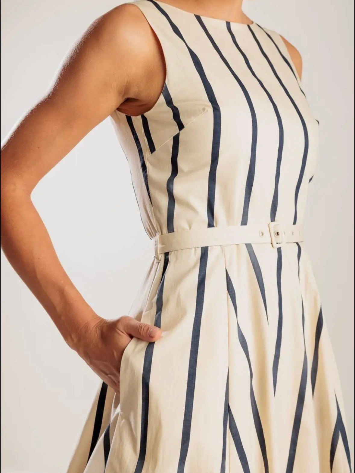 Beige and black striped midi dress