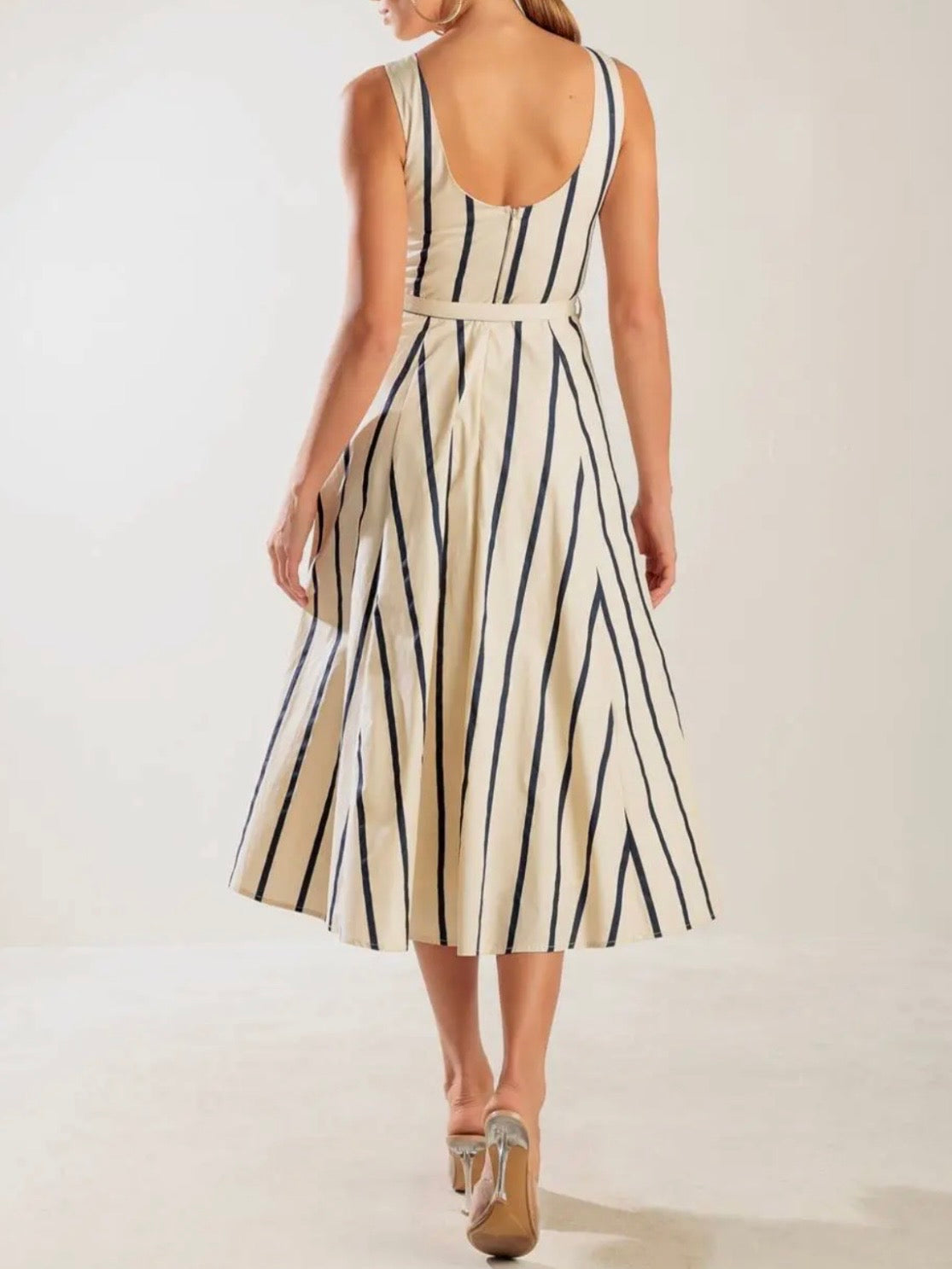 Beige and black striped midi dress