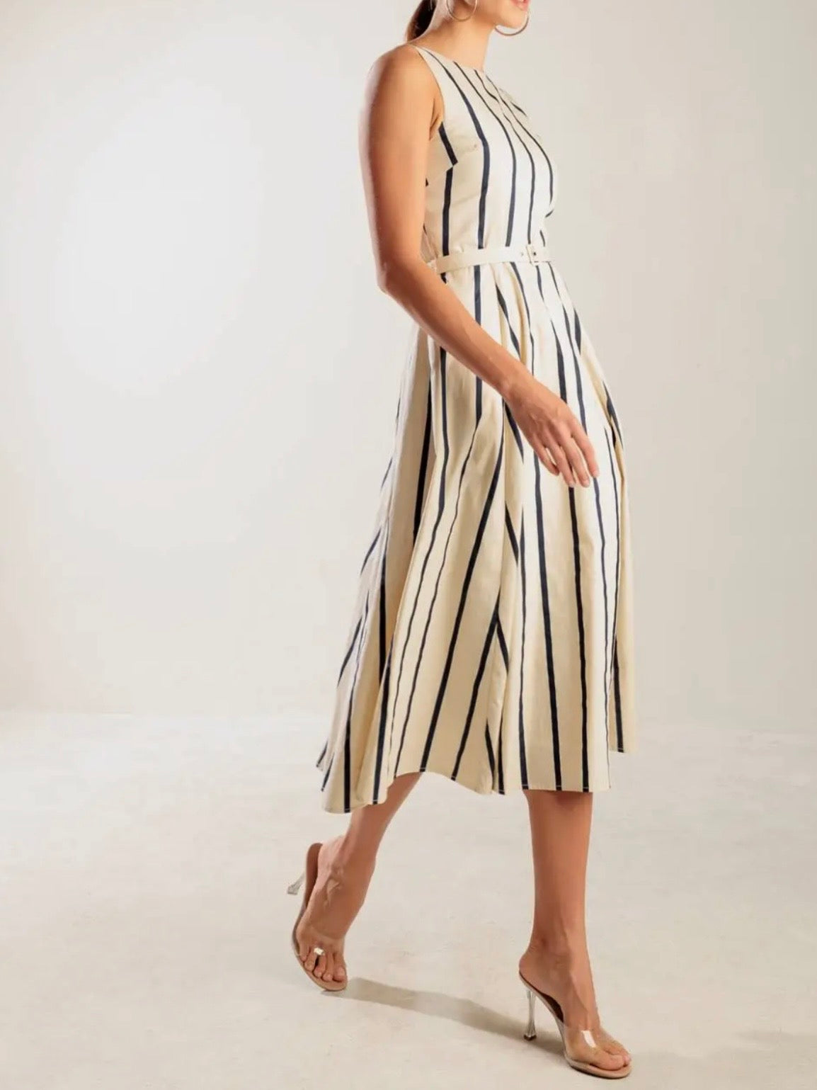 Beige and black striped midi dress