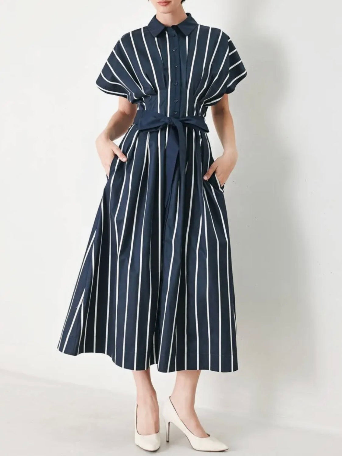 Navy blue white striped maxi dress