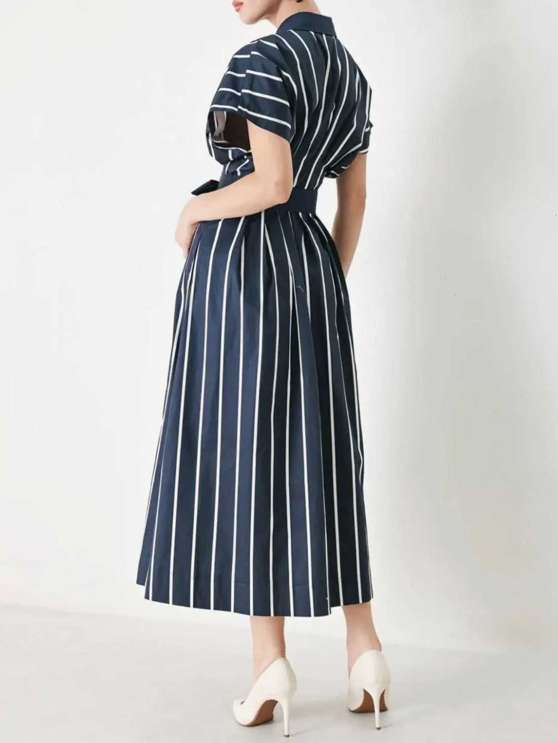 Navy blue white striped maxi dress
