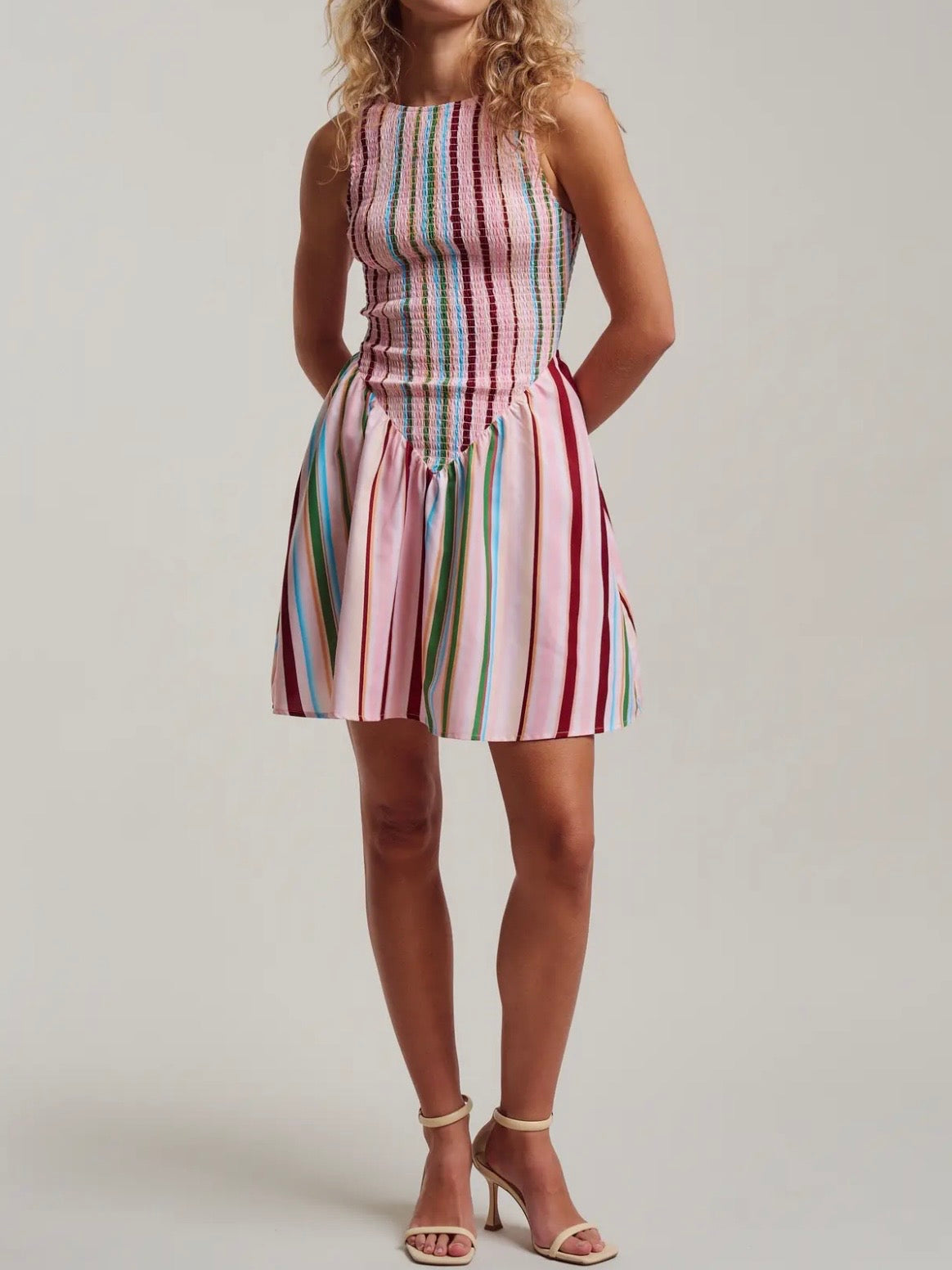 Pink multicolored striped draped mini dress