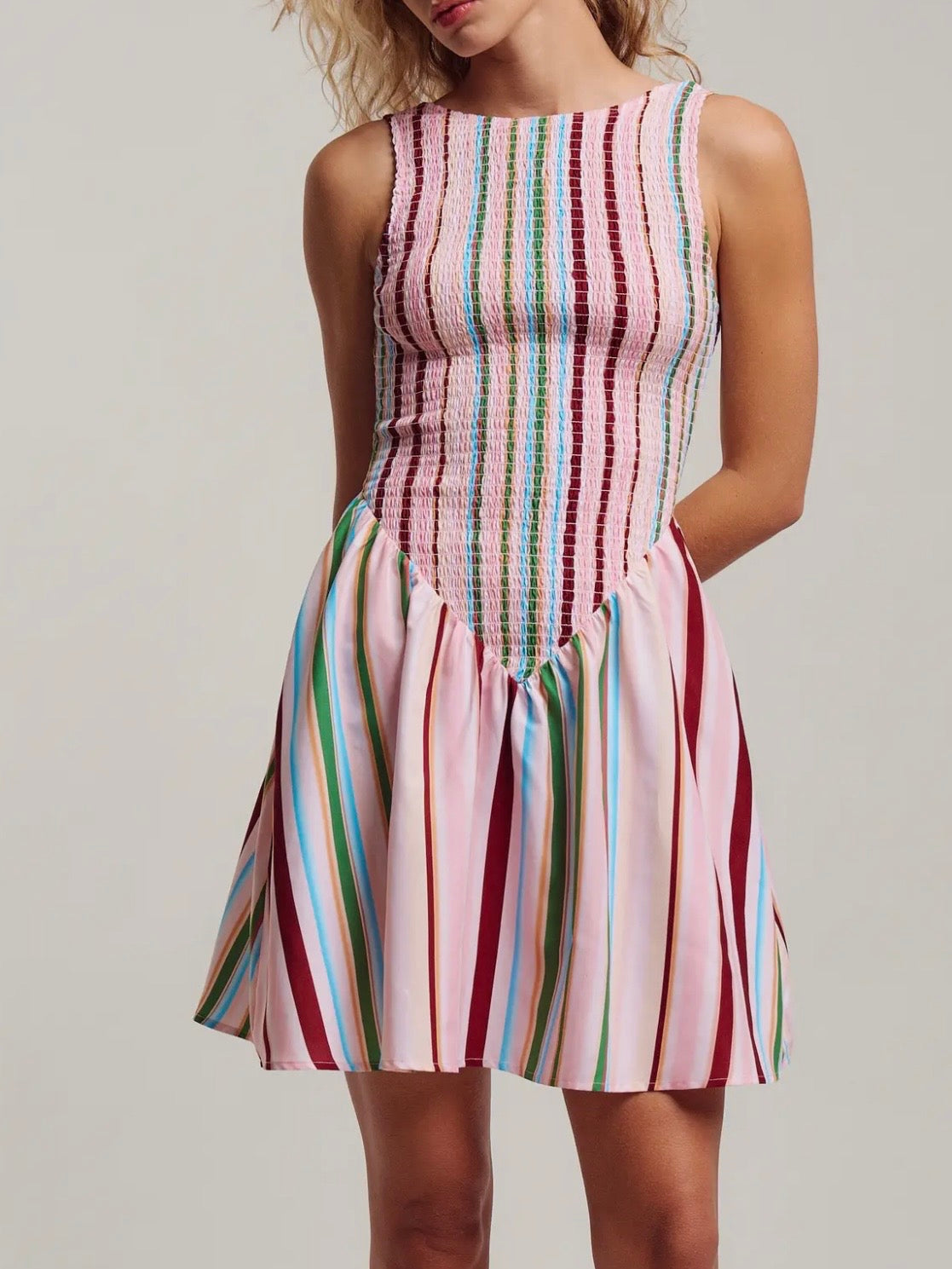 Pink multicolored striped draped mini dress