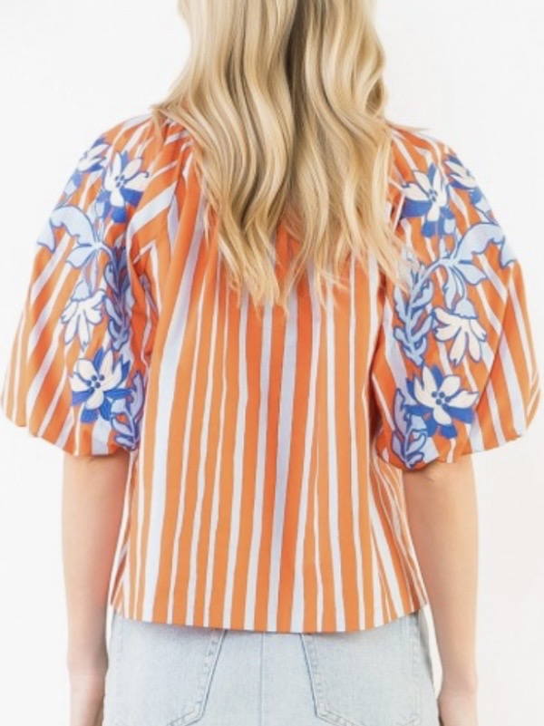 Orange and white striped embroidered floral bomber short sleeves shirt