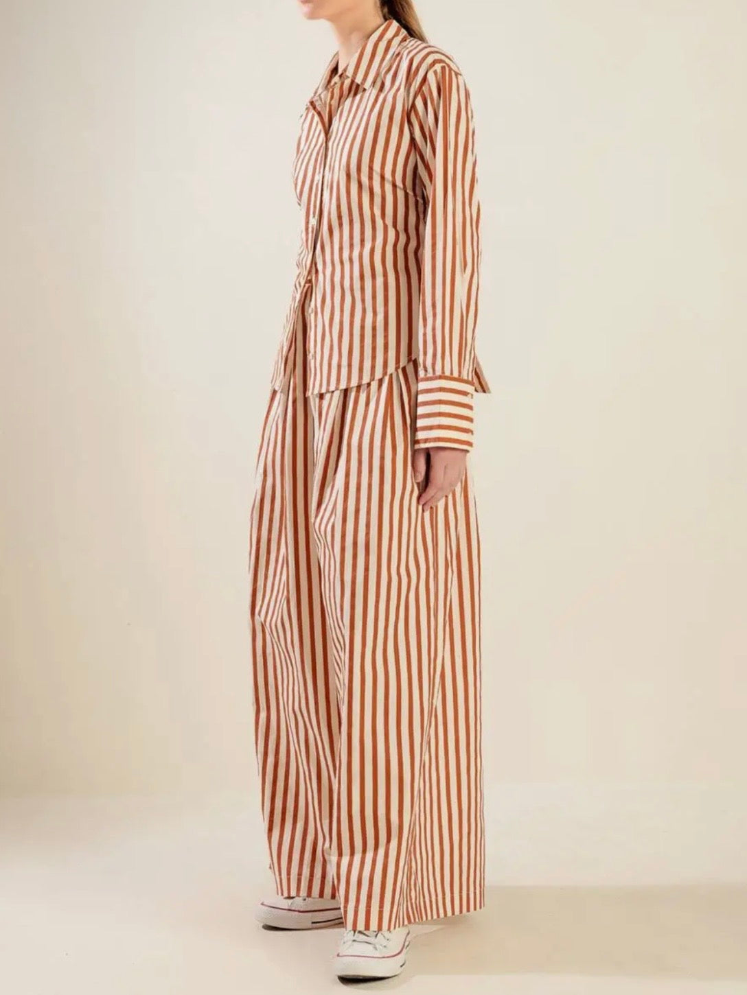 Orange and beige striped wide set shirt and pants