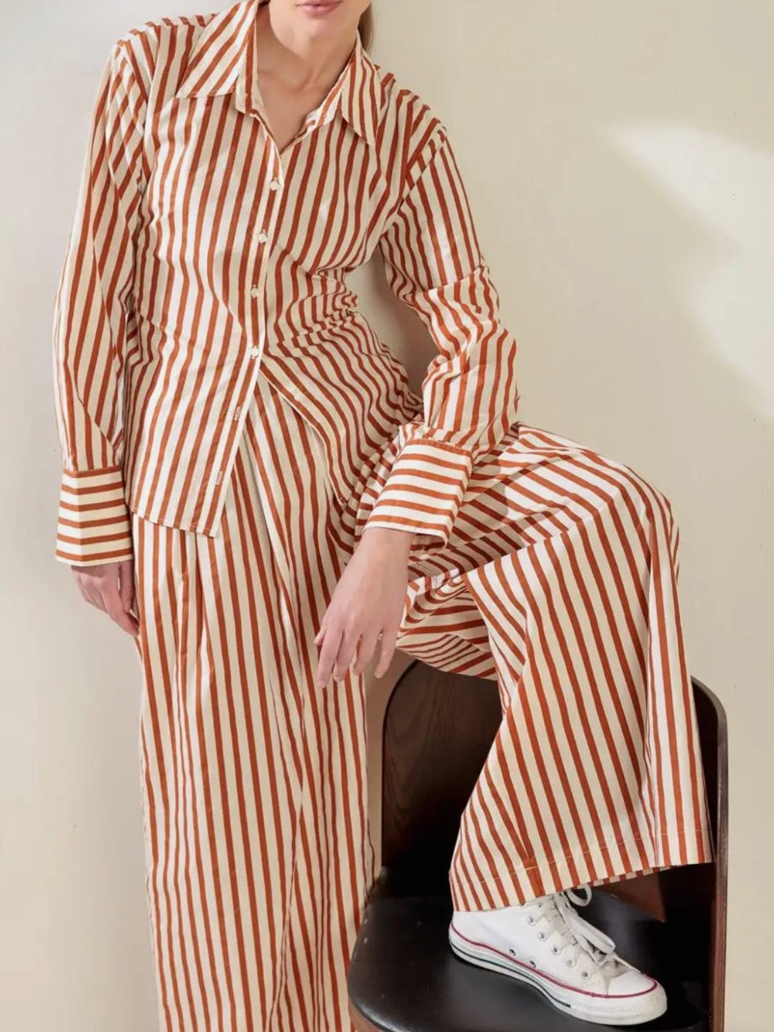 Orange and beige striped wide set shirt and pants