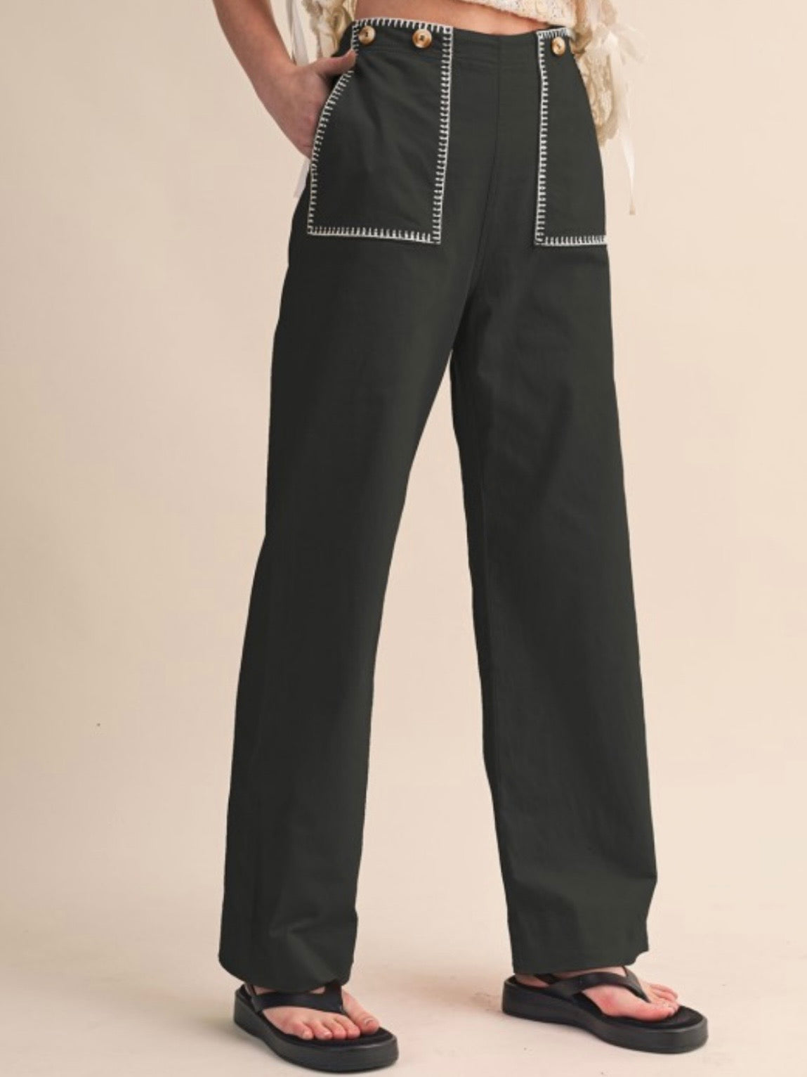 Solid colors stitched fabric straight pants