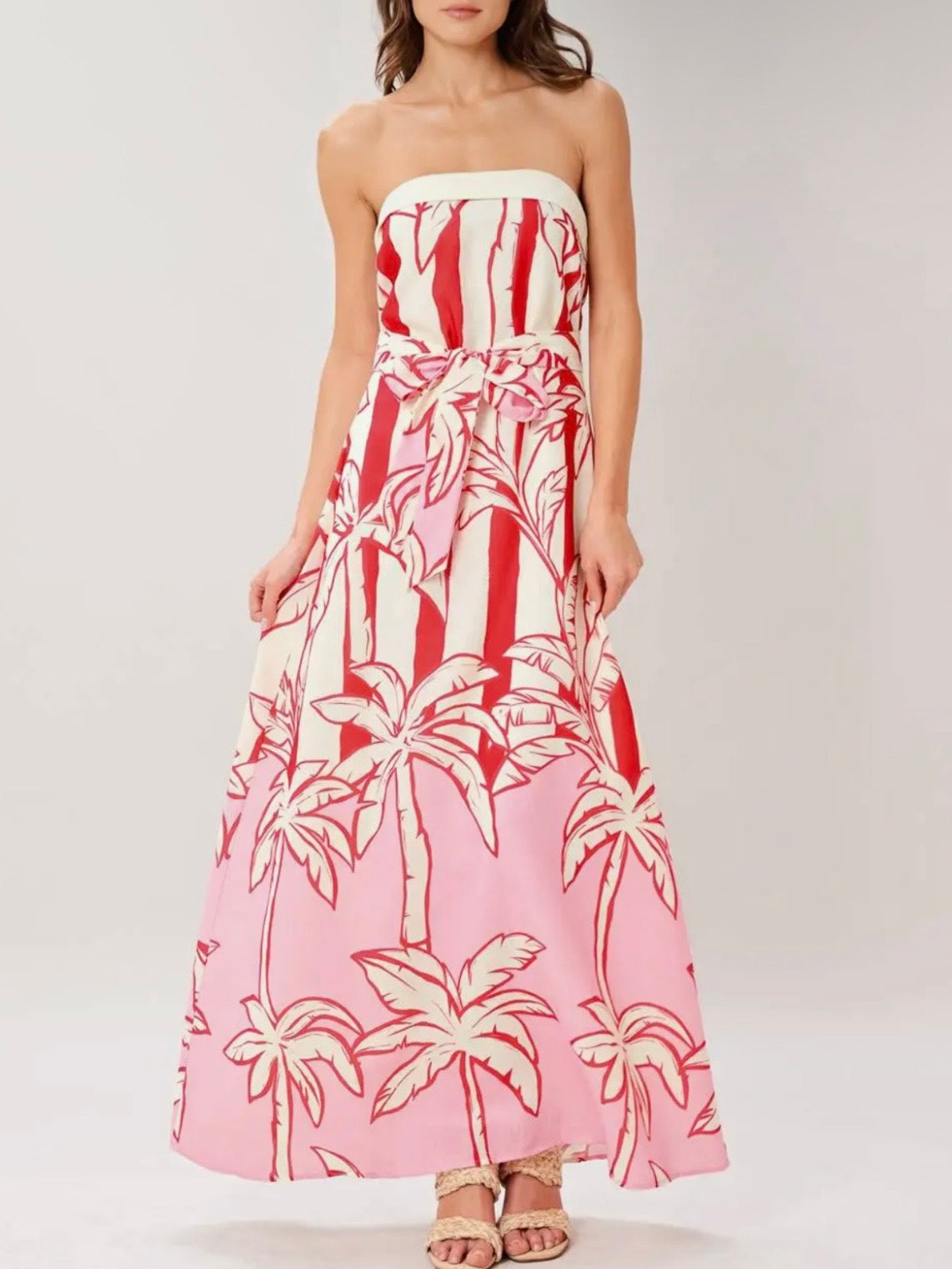 White and red floral palm print strapless maxi dress