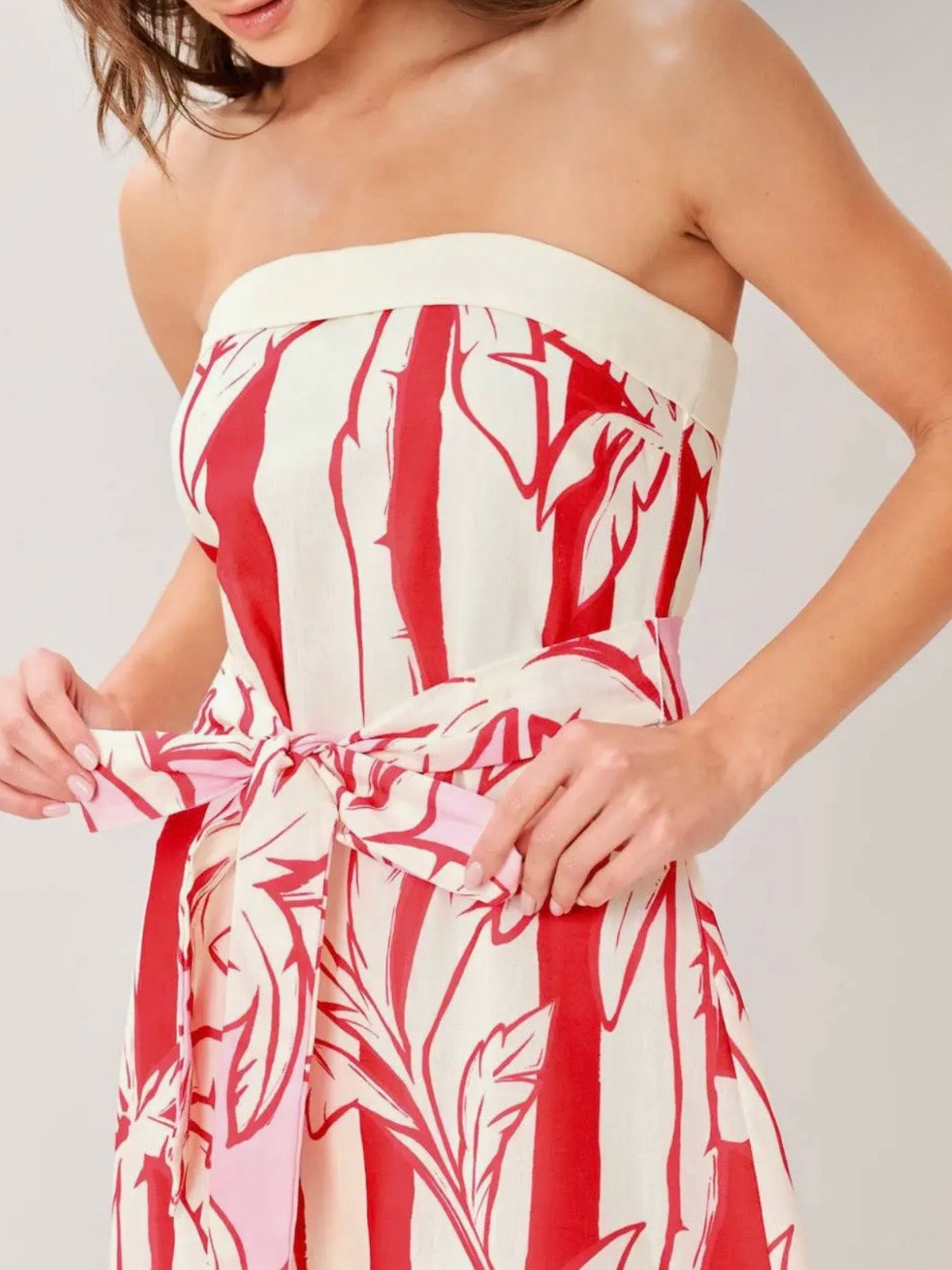 White and red floral palm print strapless maxi dress