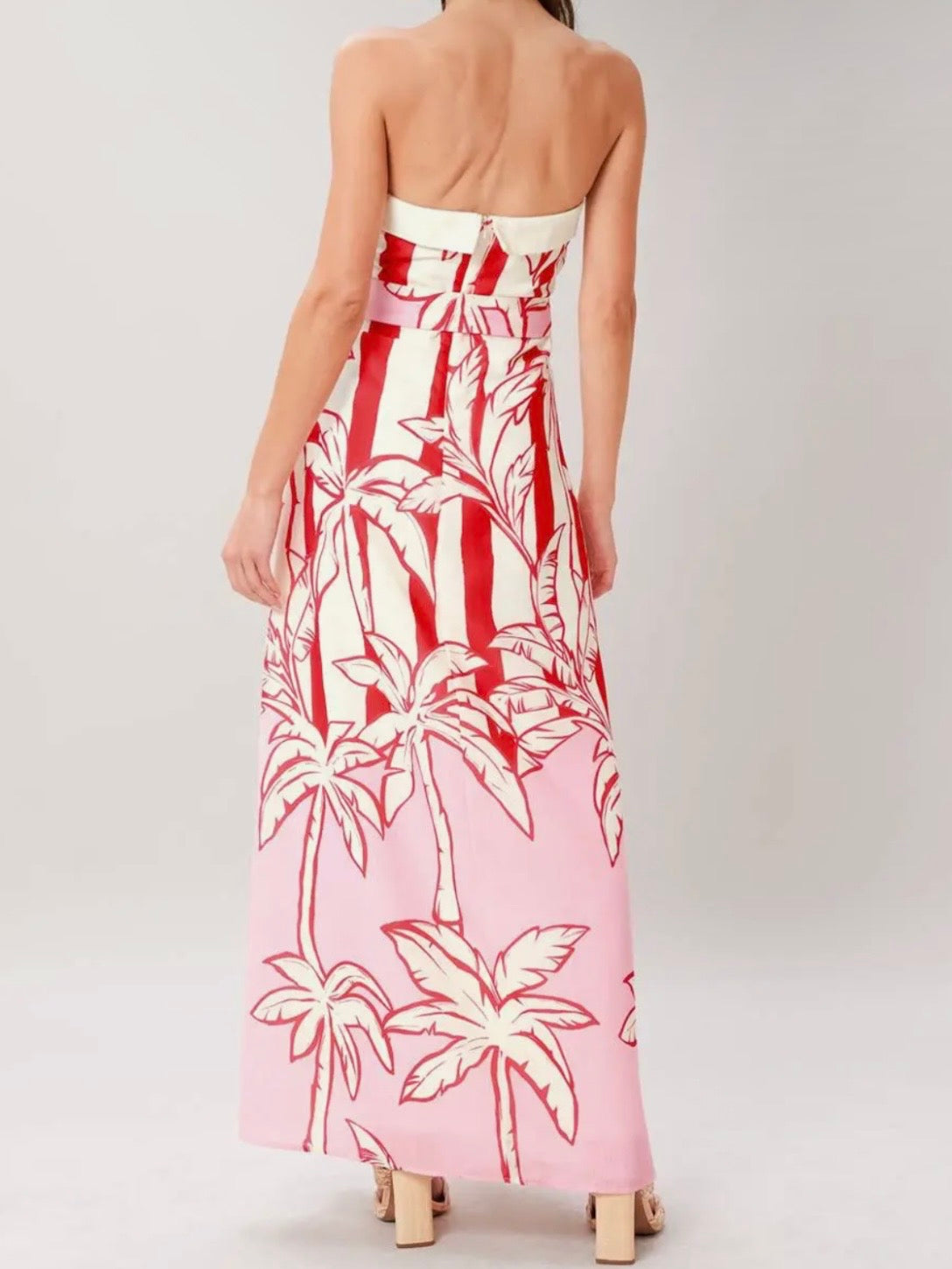 White and red floral palm print strapless maxi dress