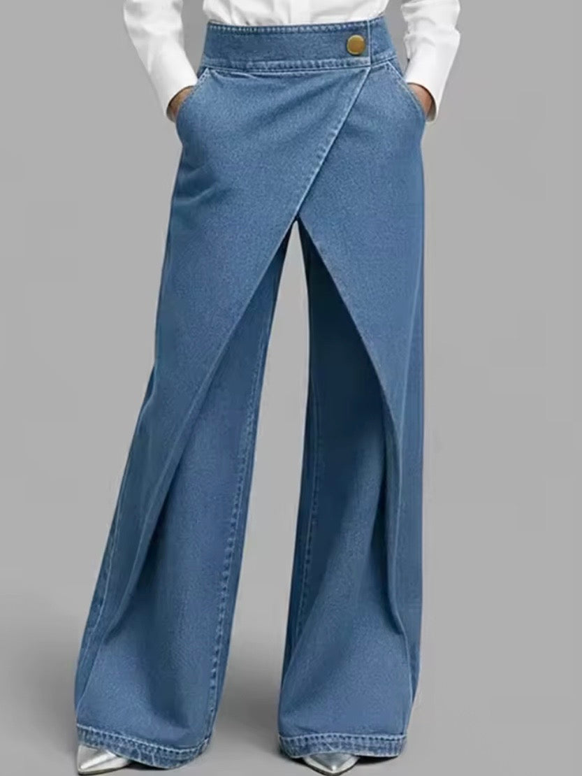 Blue - black long crossed side leg waist pants