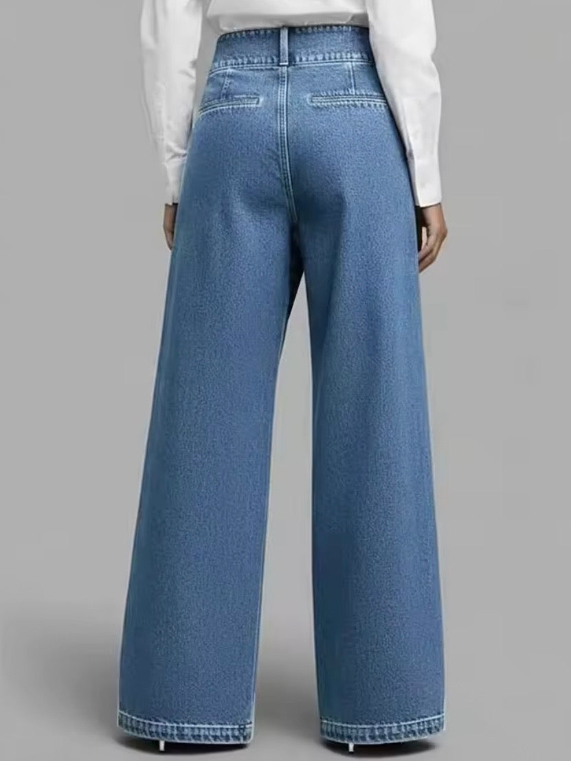 Blue - black long crossed side leg waist pants