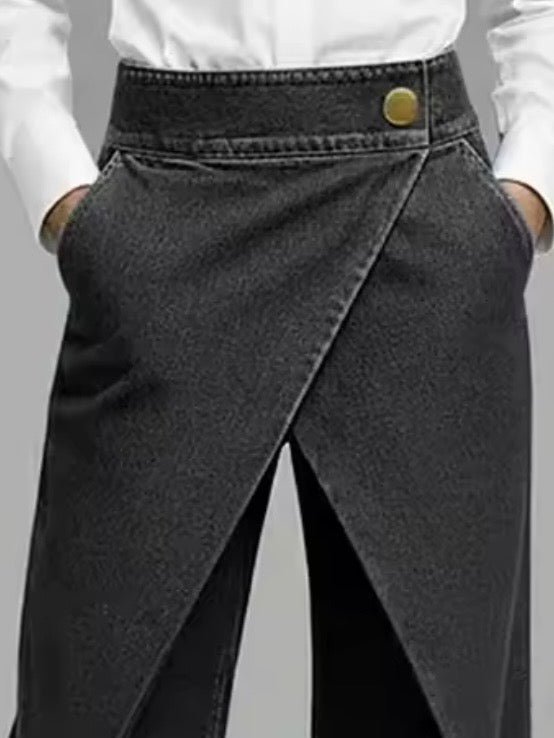 Blue - black long crossed side leg waist pants