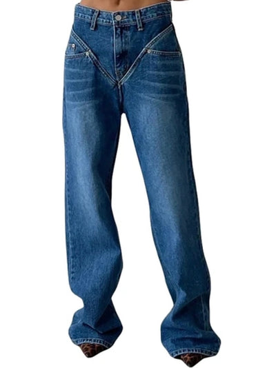 Mid blue V front cut straight denim pants