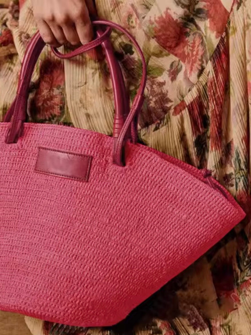 Fuchsia natural straw basket bag