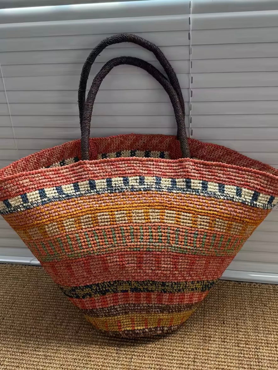 Multicolored striped natural straw basket bag
