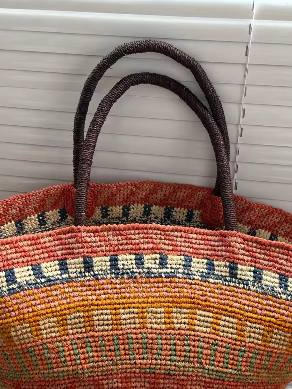 Multicolored striped natural straw basket bag