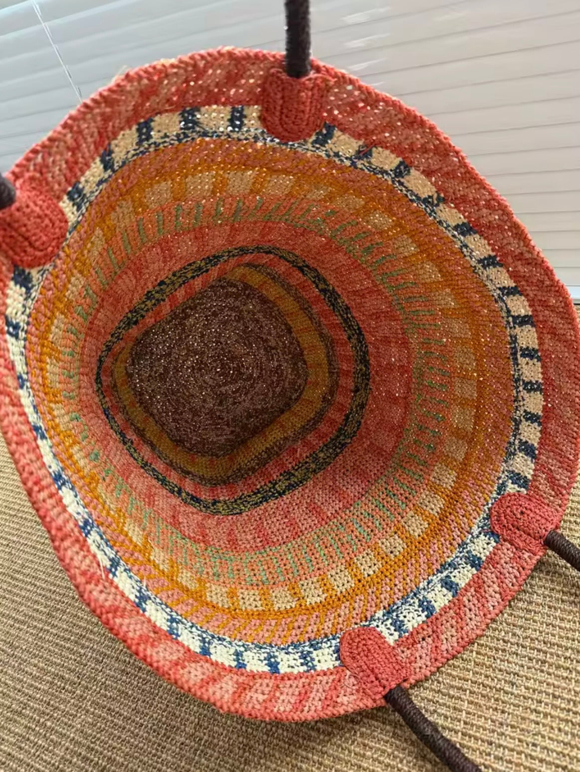 Multicolored striped natural straw basket bag