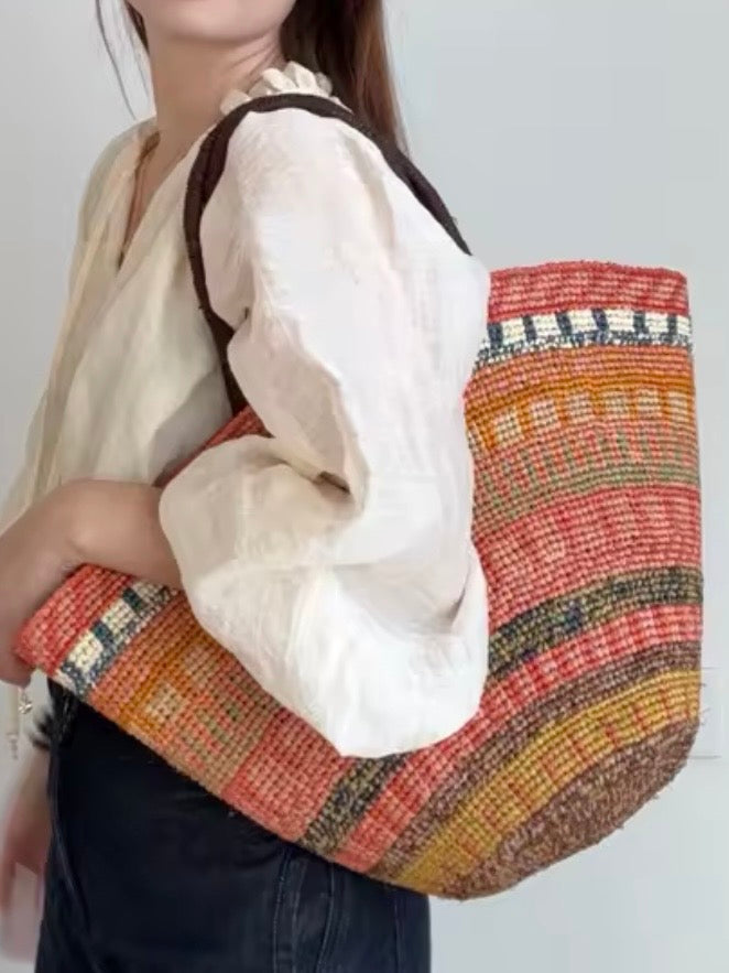 Multicolored striped natural straw basket bag