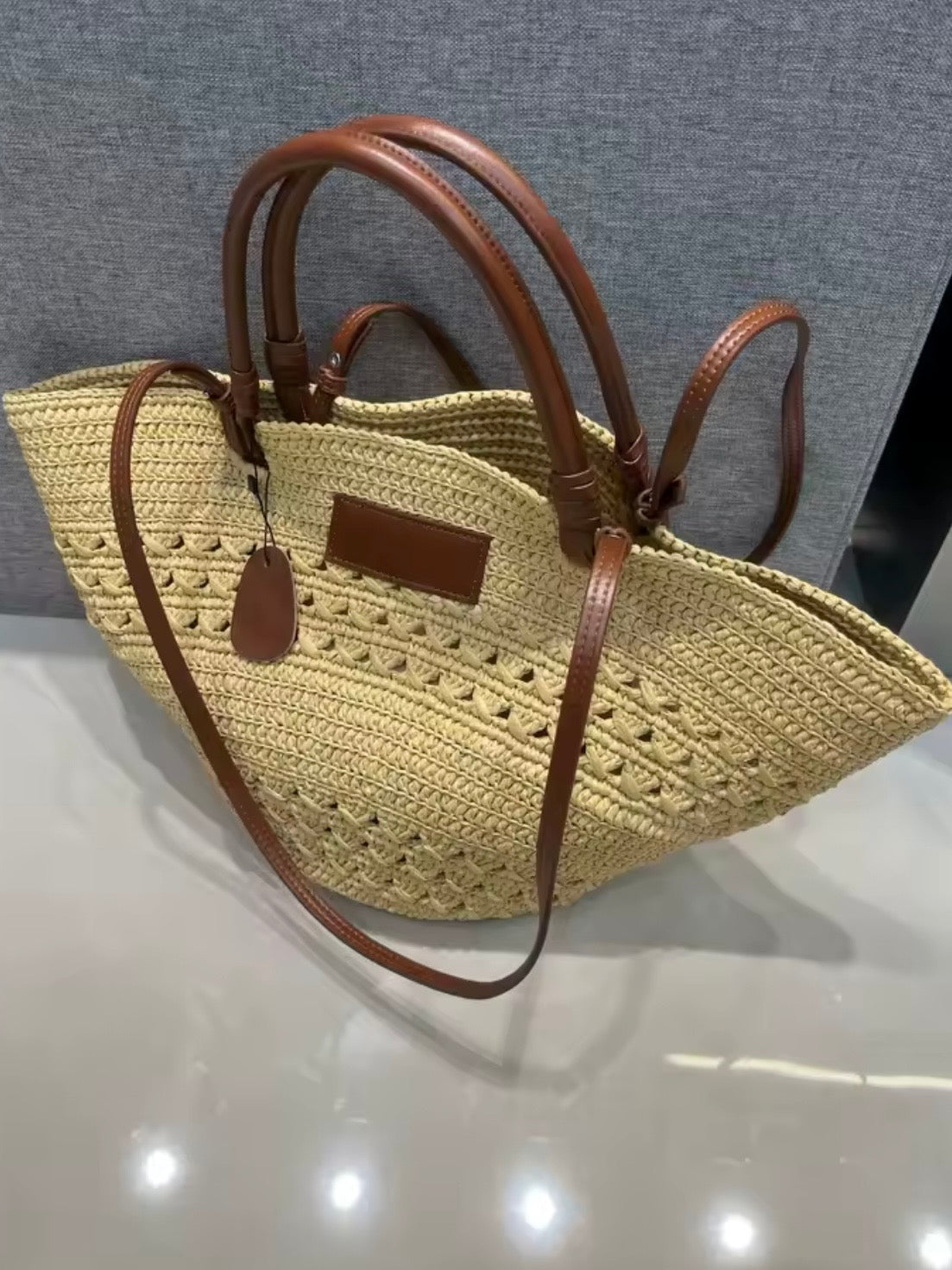 Beige natural straw basket bag