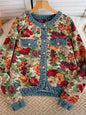 Blue mix fabrics floral round neck jeans jacket