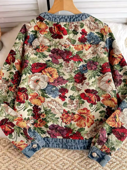 Blue mix fabrics floral round neck jeans jacket