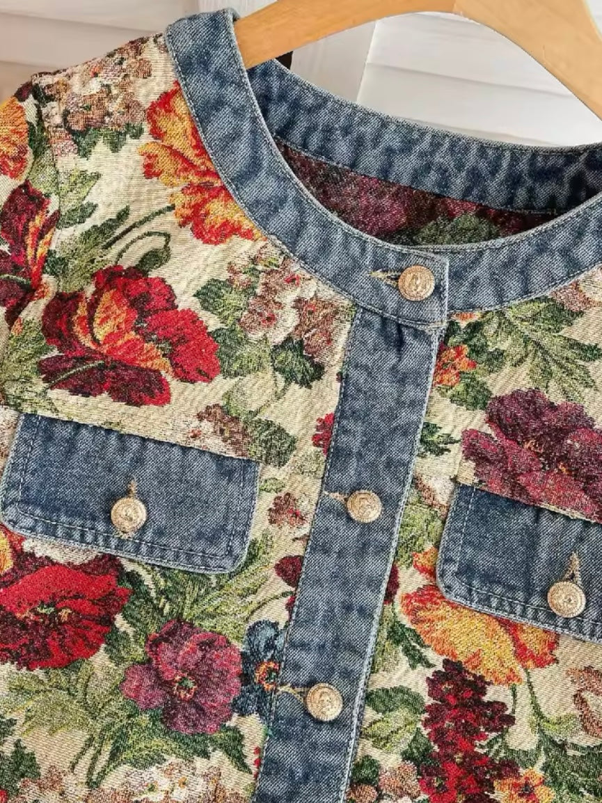 Blue mix fabrics floral round neck jeans jacket