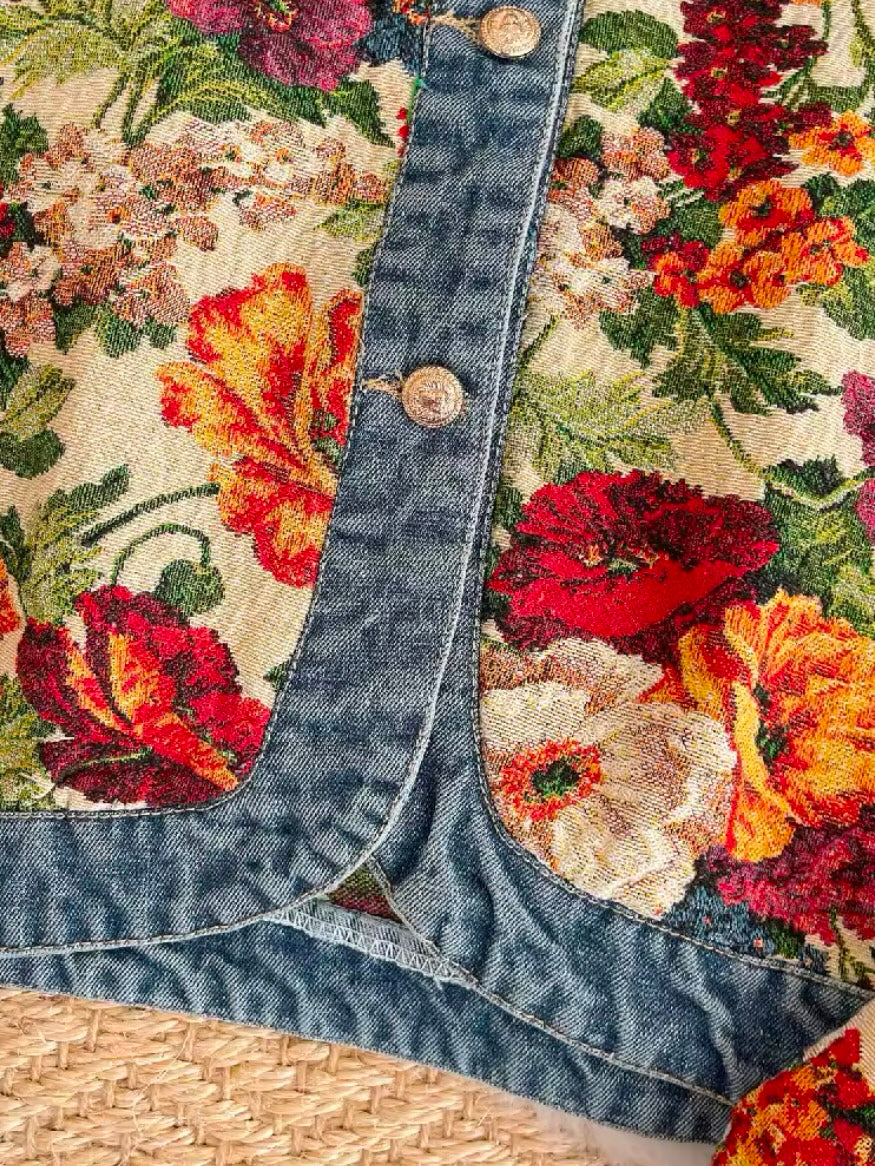 Blue mix fabrics floral round neck jeans jacket