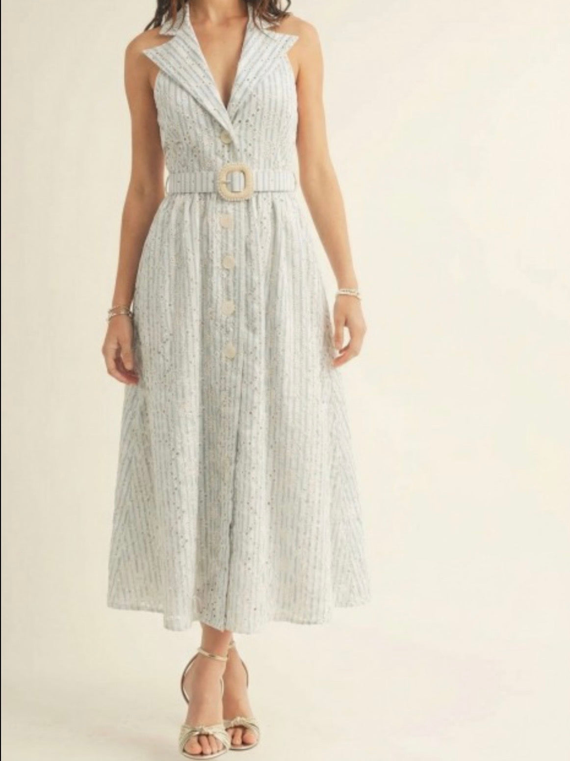 Light blue and white striped eyelet belted sleeveless maxi dress