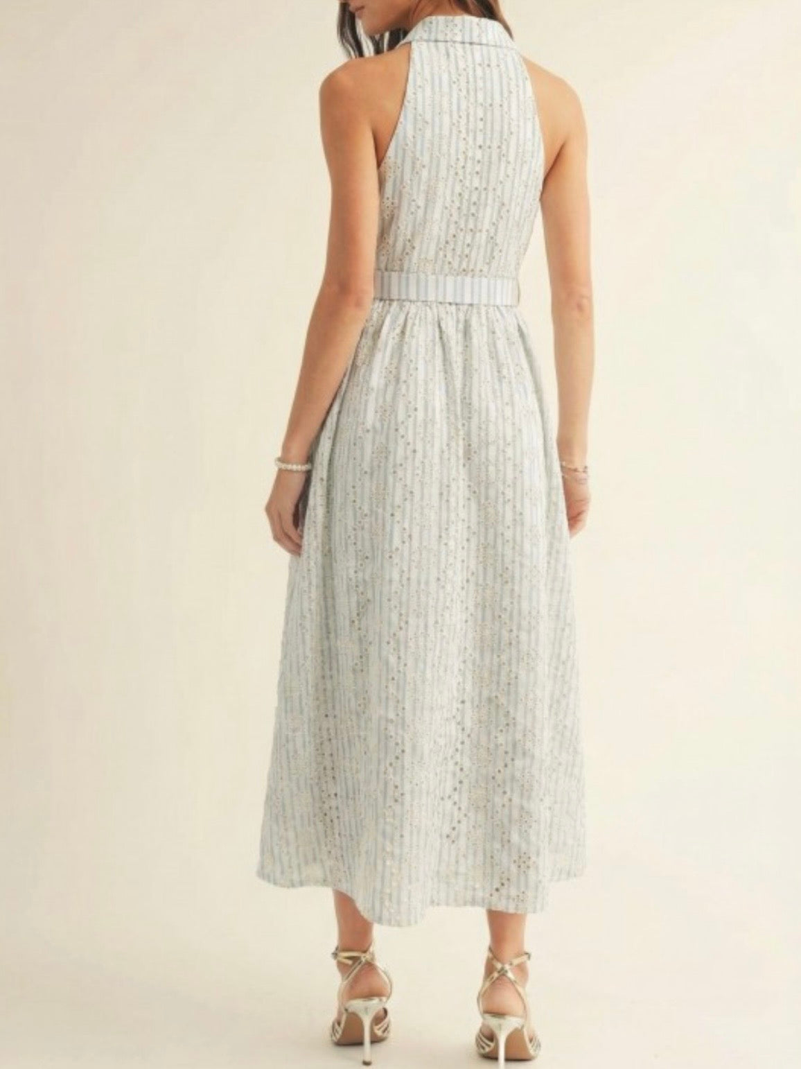 Light blue and white striped eyelet belted sleeveless maxi dress