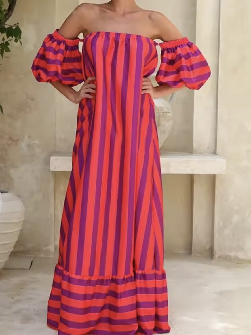 Fuchsia and purple striped strapless maxi dress