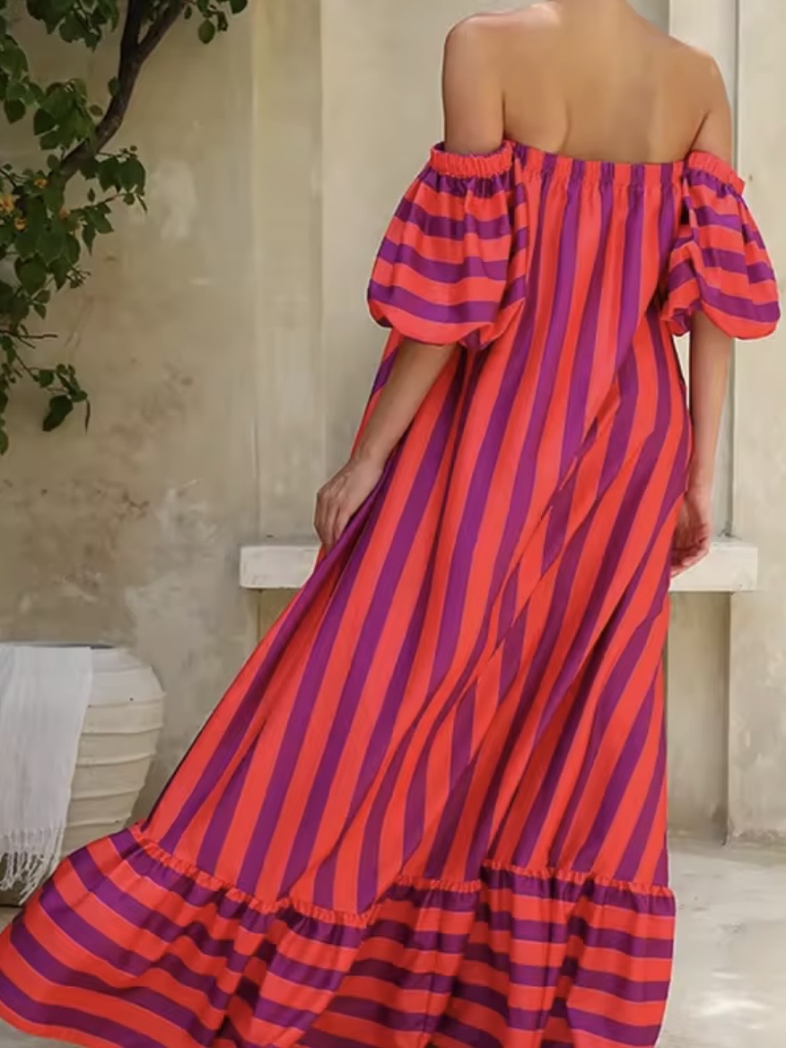 Fuchsia and purple striped strapless maxi dress