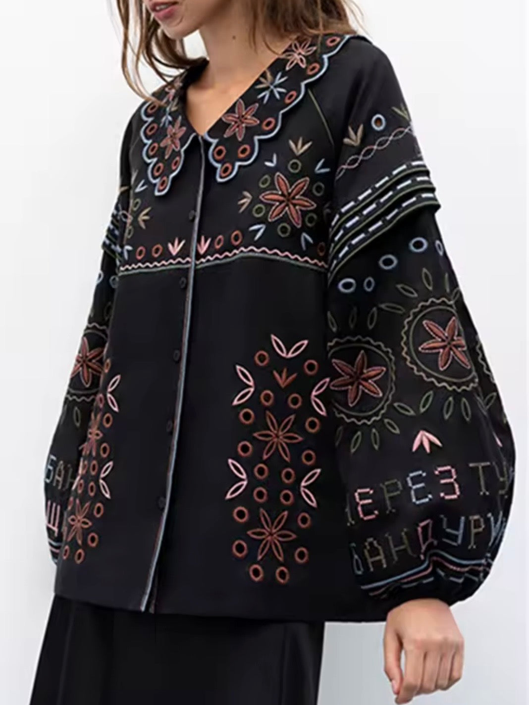 Black embroidered floral lanterns tolong sleeves shirt