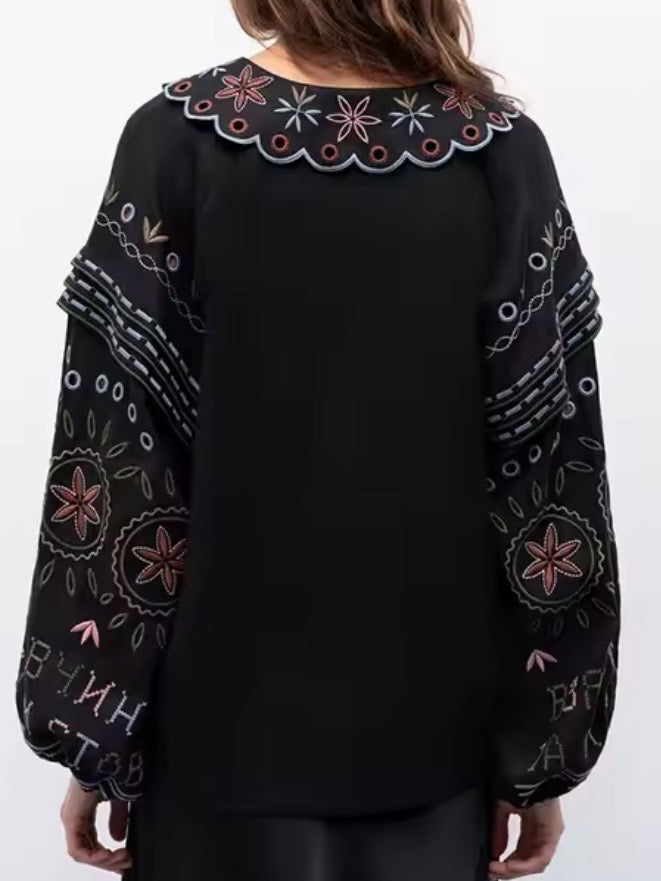 Black embroidered floral lanterns tolong sleeves shirt
