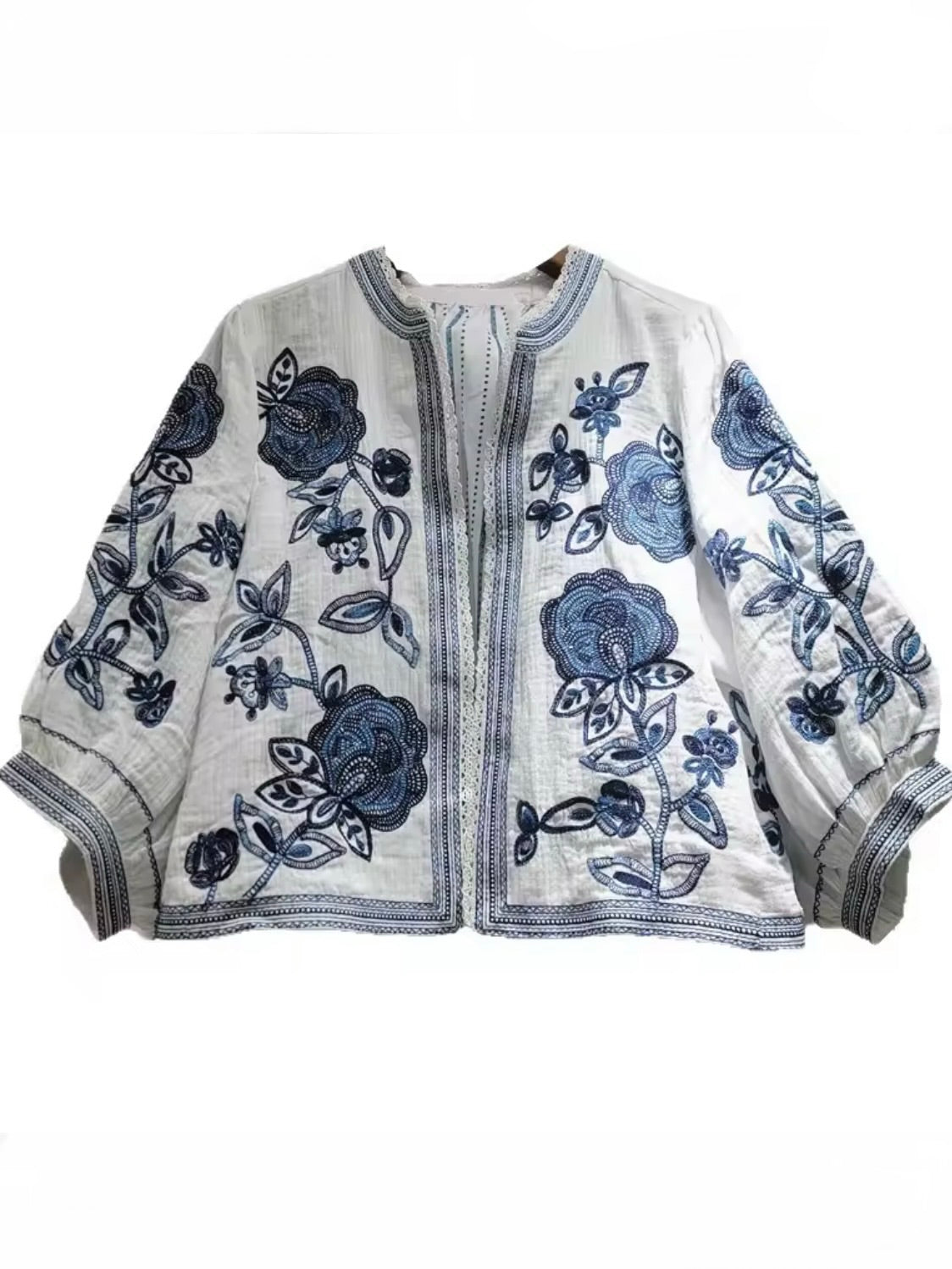 White and blue floral bomber short sleeves shirt