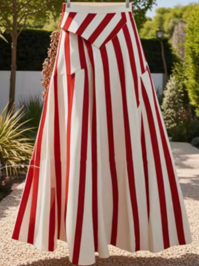 Red and white striped print maxi skirt
