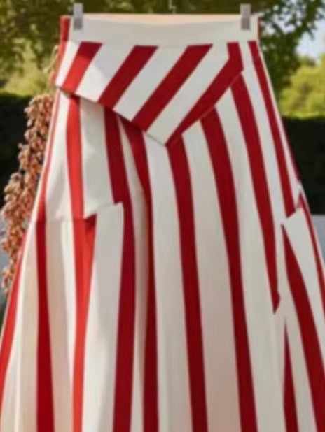Red and white striped print maxi skirt